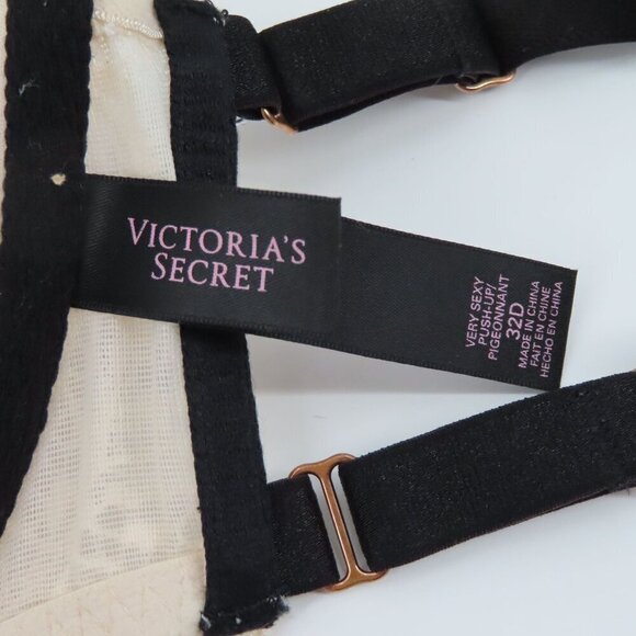 Victorias Secret 32D Very Sexy Push Up Bra Cream Lace Black Padded Underwire - Picture 13 of 16